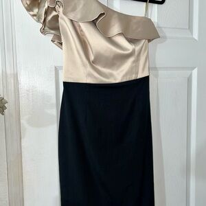 White & Black- NWTs! - Size 2: One-Shoulder Black and Cream Dress